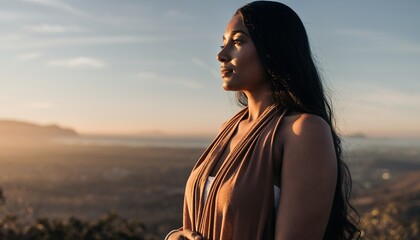 Serene Young Woman Wearing Brown Dress Standing in Sunset Landscape
