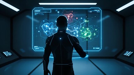 Futuristic man interacting with holographic map screen in dark neon sci-fi bridge - Powered by Adobe