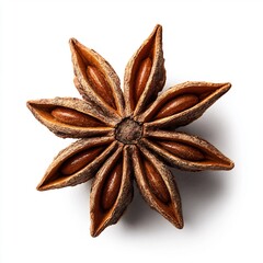 Single piece of star anise perfectly shaped like an eight pointed star woody and brown top down view isolated on a plain white background