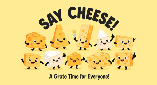 a playful cartoon illustration featuring various happy cheese characters with faces and arms on a yellow background with punny text quotes.
