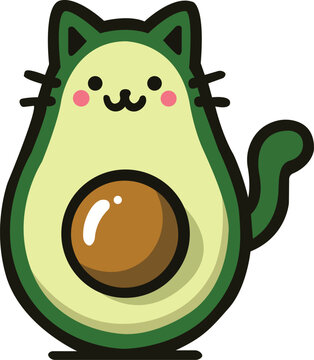A creative combination of an avocado and a cat with a happy face and a brown seed belly.