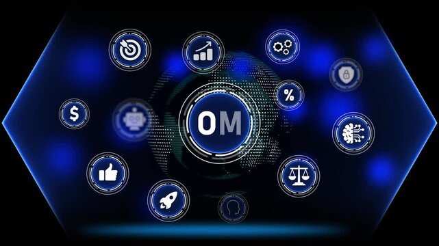 Digital marketing strategy icons surrounding a central OM logo on a futuristic globe background Keywords: digital marketing, strategy, icons, OM, logo, business, technology, globe, network, data