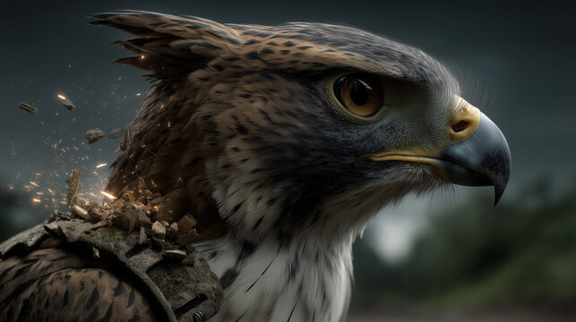 Close-up Portrait of a Majestic Eagle with Exploding Stone and Debris Armor on Neck - Powered by Adobe