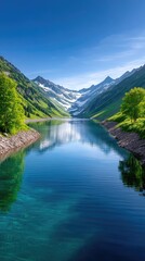 Turquoise Mountain Lake Reflects Snow Capped Peaks Under A Bright Blue Sky With Lush Green Trees On Rocky Shores