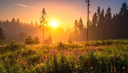 A vibrant sunrise casts golden light over a field of wildflowers and towering trees in a serene forest scene