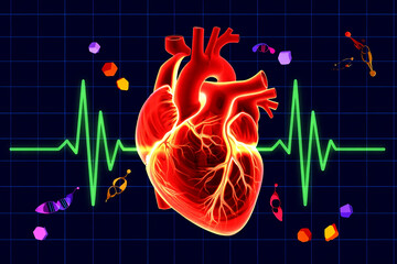 Glowing red human heart with electrocardiogram and molecules pulse