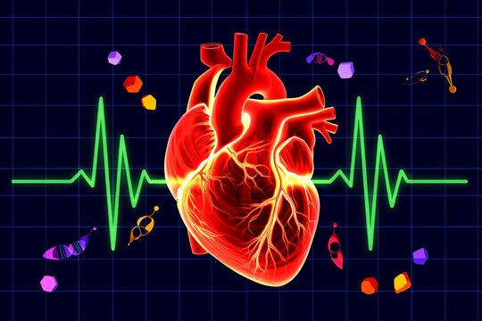 Glowing red human heart with electrocardiogram and molecules pulse