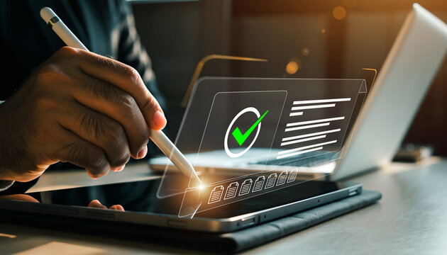 Hand using stylus on tablet for digital document verification with checkmark.