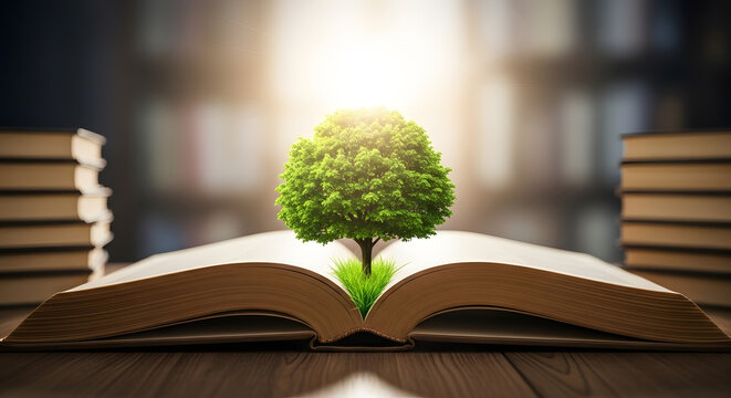 The Tree of Knowledge: A Green Tree Growing from an Open Book, Representing Learning and Growth.