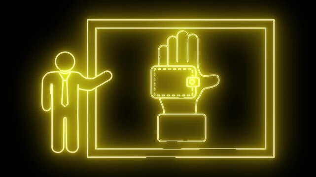 Yellow neon outlines presenting a hand wearing a smartwatch inside a rectangular frame