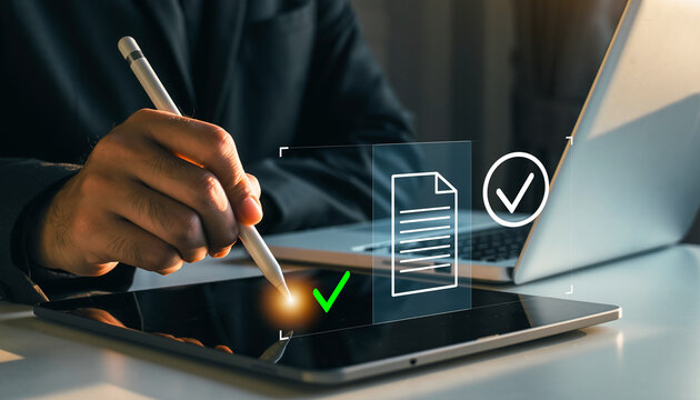 Hand using stylus on tablet for digital document verification with checkmark icons.