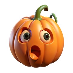 A cartoonish 3d rendering of a bright orange pumpkin with a surprised or shocked facial expression and large wide eyes against a white background