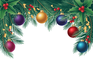 Festive Christmas ornaments and evergreen boughs create a vibrant, joyful holiday border perfect for seasonal designs and celebrations