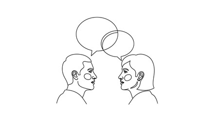 Minimalist line drawing of two people in profile facing each other with overlapping speech bubbles above, symbolizing conversation or communication, isolated on a white background