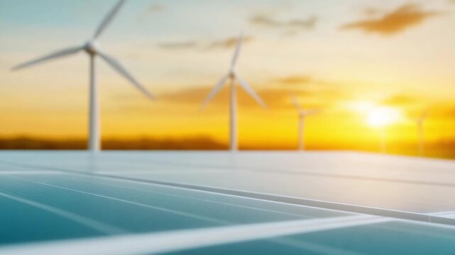 Green Energy Horizon: A visually striking panorama showcasing solar panels in the foreground, subtly merging with a row of towering windmills against a vibrant sunset sky.