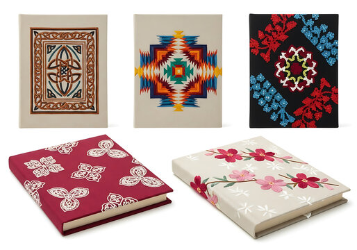 Collection of five decorative journals or notebooks with intricate embroidered and woven patterns, presented on a white background - Powered by Adobe