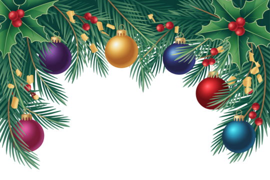 Festive Christmas ornaments and evergreen boughs create a vibrant, joyful holiday border perfect for seasonal designs and celebrations