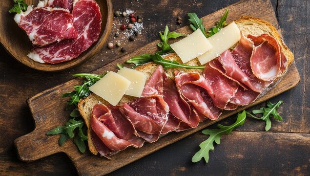Bruschetta with cured meat, cheese, arugula on wood board