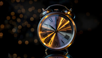 An old alarm clock, golden illuminated, stands prominently against a dark backdrop with blurred lights, symbolizing the passage of time, deadlines, and anticipation