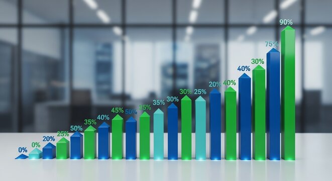 Bar graph showing increasing percentages with office background