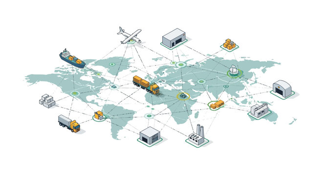 Streamlined global logistics network connecting factories, warehouses, and transportation for worldwide supply chain management, a modern business solution