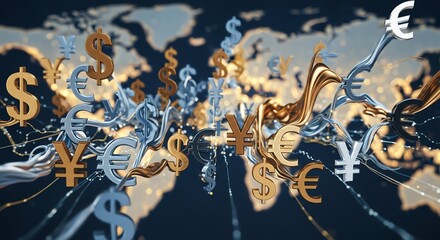 Global currency symbols over world map