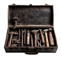 Vintage toolbox filled with antique hand tools, an old repair and craftsmanship set