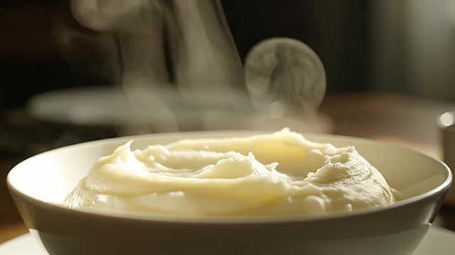 Hot creamy mashed potato dish steaming in a white bowl ready for dinner