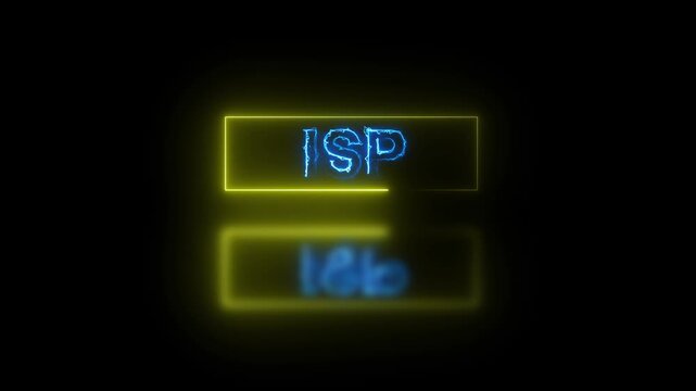 Blue Neon ISP Text Inside A Yellow Glowing Rectangle With Reflection On Black Background. Glowing blue ISP lettering within yellow neon box and reflective effect on dark backdrop for network-themed.