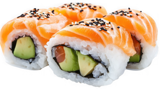 Delicious sushi roll with salmon and avocado isolated on transparent background