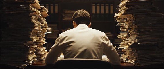 Overworked Man Surrounded by Huge Piles of Paper in Dark Office Setting