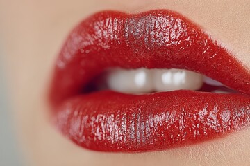 Obraz premium Woman's mouth with shiny red lipstick, sensual and glamorous, representing beauty and makeup in a macro shot