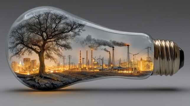  Conceptual light bulb with an industrial city, surreal style, representing pollution and energy crisis against a gray background