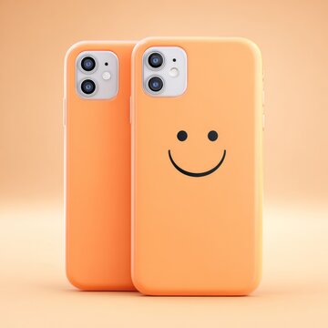 Cute orange phone cases with a smiley face, minimalist style, for mobile accessories on an orange background