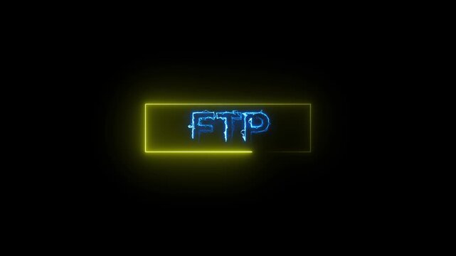 Blue Neon FTP Text Inside A Yellow Glowing Rectangle On A Black Background file transfer protocol. Glowing blue FTP lettering within yellow neon box on dark backdrop for network and file transfer.