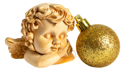  Wooden Angel and Gold Ball Ornament Pair, isolated on transparent background