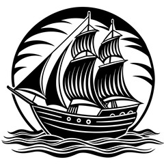 Black and white illustration of a sailing ship with full sails on wavy water isolated on white background