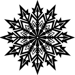 Intricate black geometric snowflake design isolated on white background