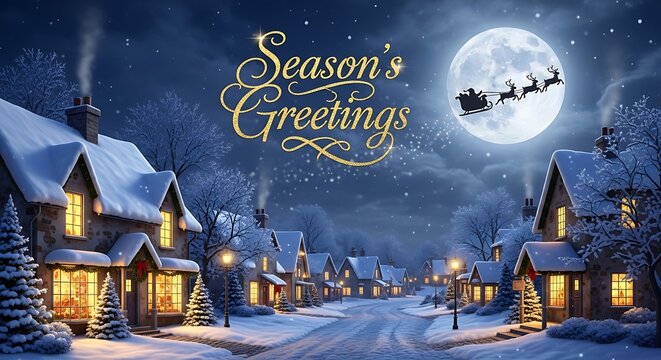 Season's greetings christmas card santa claus reindeer sleigh moon winter snow houses night scene art