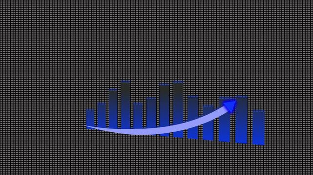 Downward trend highlighted by arrow on blue bar graph over gray grid for performance drop illustration. Blue Bar Graph with Arrow Indicating Downward Trend on Gray Grid chart.