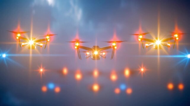 Airborne Armada: A squadron of drones ascend into the twilight sky, their glowing lights illuminating a scene of modern technology and aerial innovation.