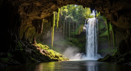 Lush Cave Entrance With Waterfall And Sunlight Beams Illuminating Watery Depths And Verdant Foliage