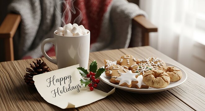 Happy holidays hot chocolate and christmas cookies festive season winter holiday table setting cozy scene - Powered by Adobe