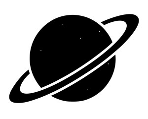 Illustration of a black planet with a ring system and small stars on a white background space theme on transparent background silhouette