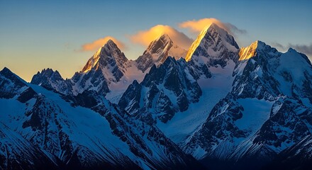 Fototapeta premium Snow-covered mountain peaks at sunset with golden light on the summits and clouds.
