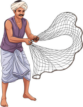 Vector illustration of Indian fisherman throwing fishing net near river showing traditional livelihood and coastal lifestyle