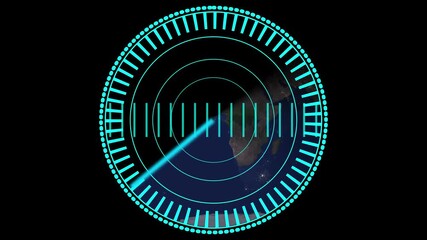 Futuristic radar interface showing Earth at night with a glowing blue scanning beam. Modern radar display showing nighttime Earth with glowing blue scan beam for defense, tracking, or satellite.