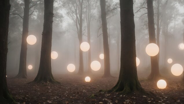 Mystical Forest Illumination - Glowing Orbs in a Foggy Woodland Scene.