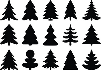 Diverse Black Christmas Tree Silhouette Collection on White Background Isolated Group