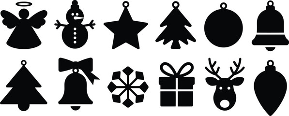 Collection of Black Christmas Ornaments Silhouettes Angel, Snowman, Gift Box and More